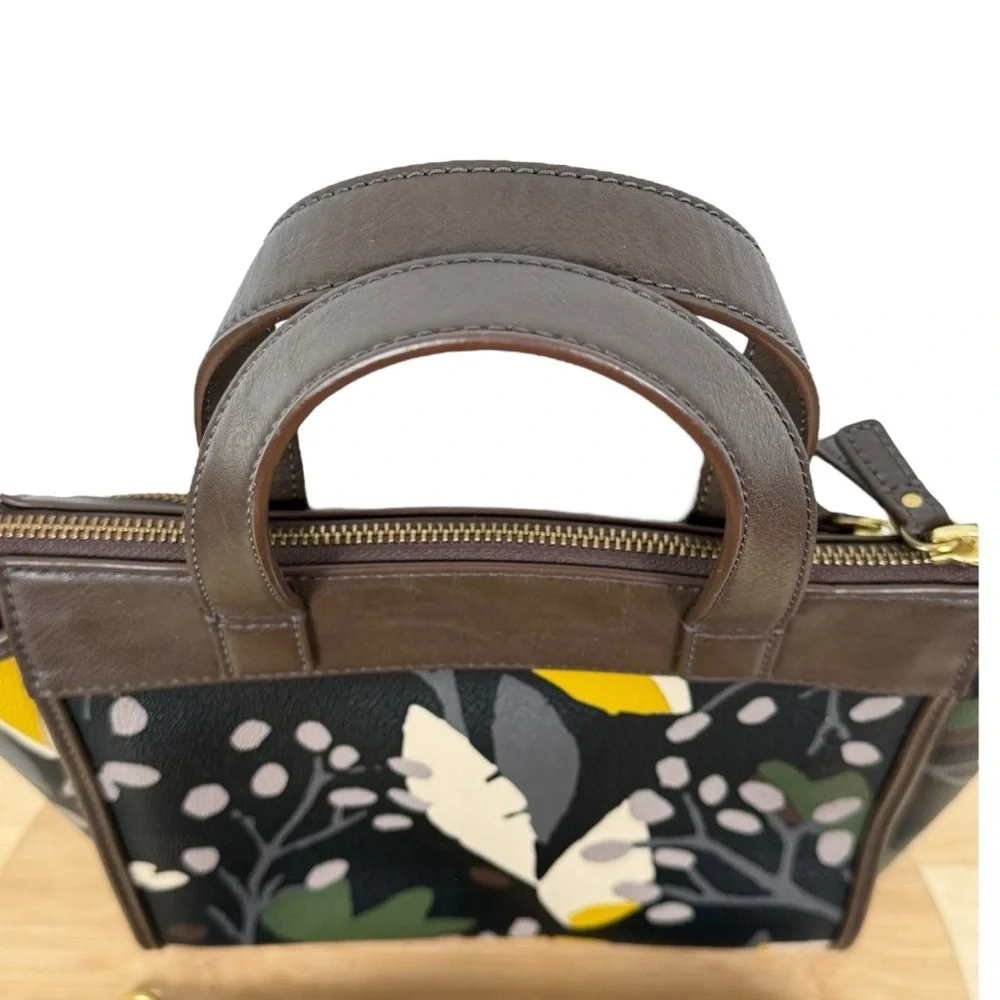 Fossil Camilla Small Satchel in Brown Leather & Botanical Print Canvas